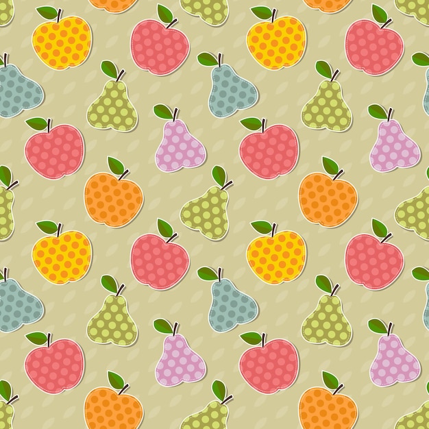 Seamless cute bright colorful retro apple and pear vector pattern