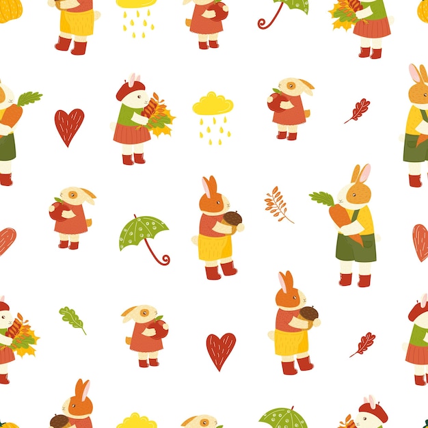 Seamless cute bunny rabbit pattern Autumn hand drawn cartoon hare Forest animal