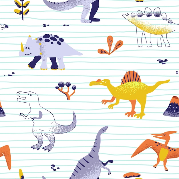 Seamless cute cartoon dinosaurs pattern. Vector baby dino background texture. Backdrop for textile, fabric, wallpaper print