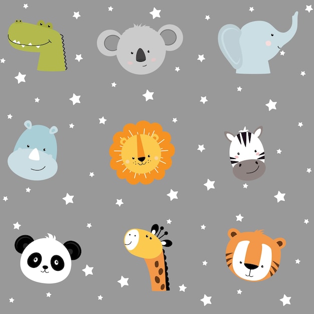 Seamless cute cartoon head animals nursery print