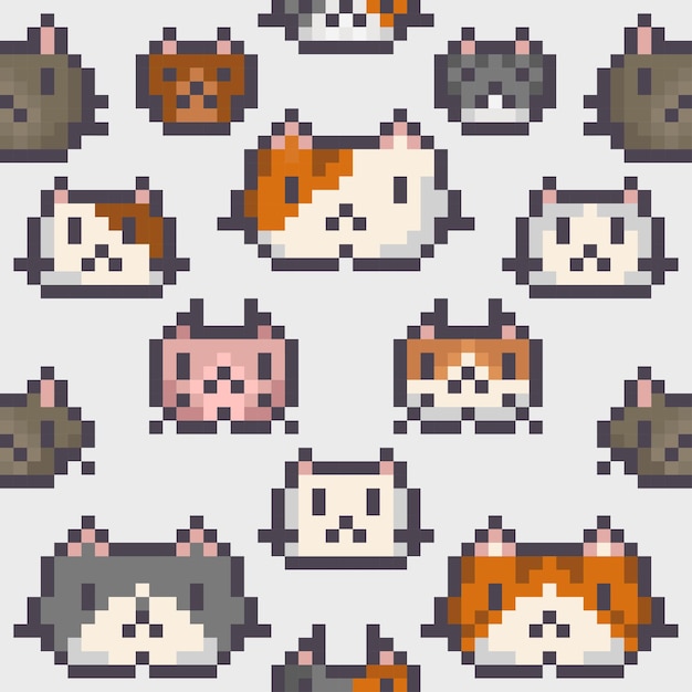 Vector seamless cute cat face pixel art patttern