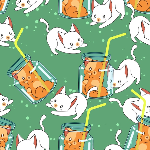 Seamless cute cat in summer pattern.