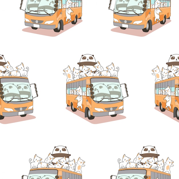 ベクトル シームレスなかわいい猫とパンダとバスのパターン。
