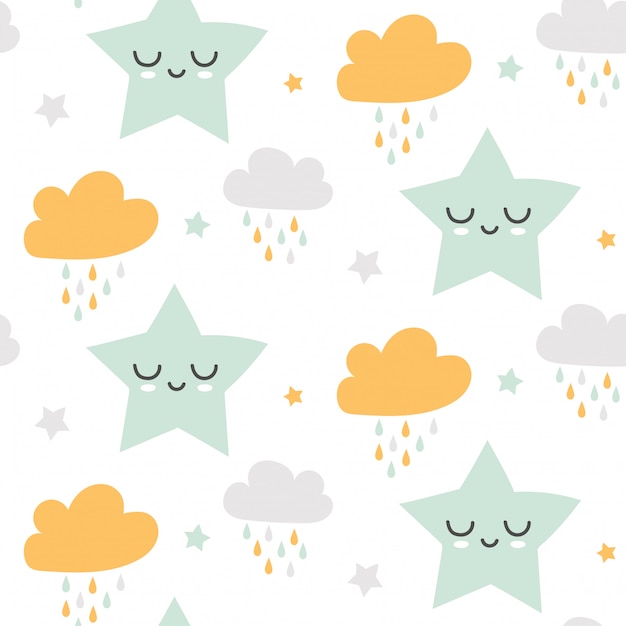 Seamless cute clouds and stars pattern