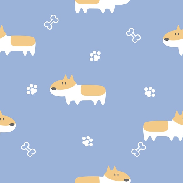 Vector seamless cute corgi dog repeat pattern with bone foot print paw in blue background