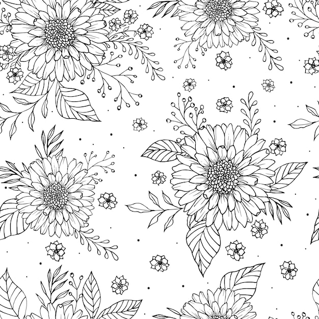 Seamless cute flowers and leaves Flowers and leaves retro engraving Floral greeting card background