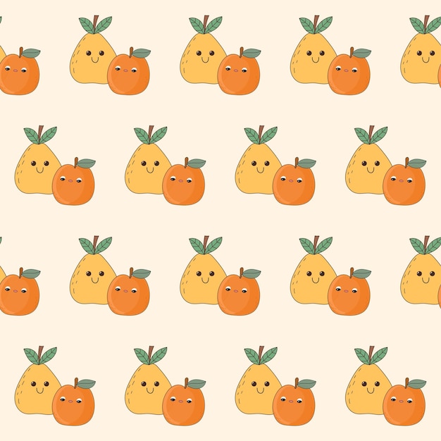 Vector seamless cute kawaii fruit character textile fabric pattern background doodle fruit symbol wrapping