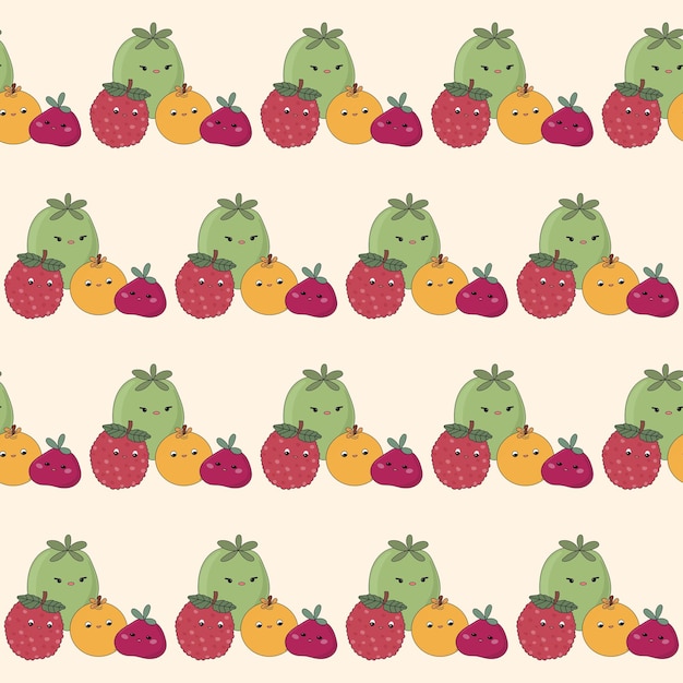 Vector seamless cute kawaii fruit character textile fabric pattern background doodle fruit symbol wrapping