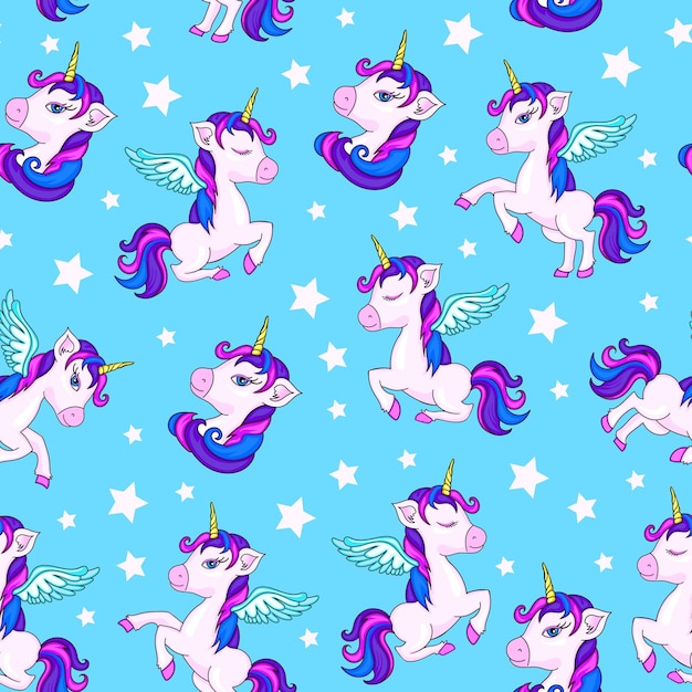 Seamless cute magical celestial vector pattern with unicorns rainbows stars sky wings heartsSeamless vector pattern with cute unicorns on blue background Perfect for textile wallpaper