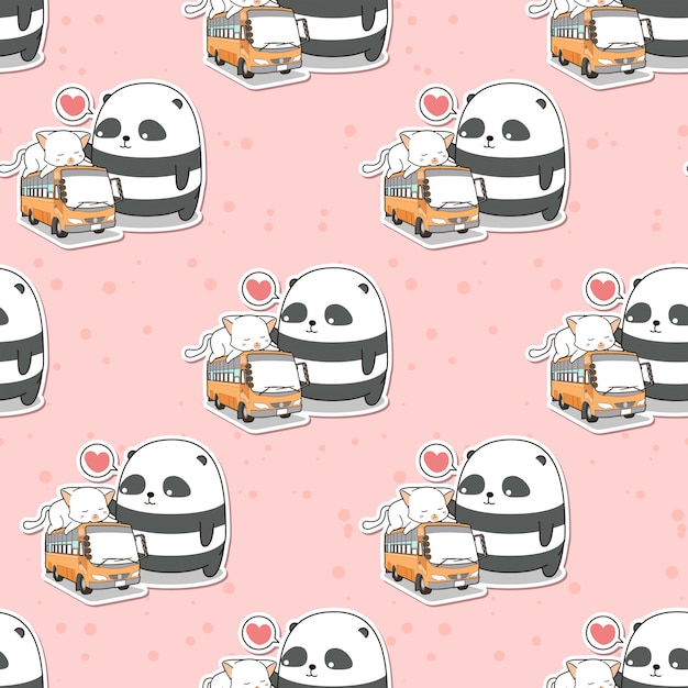 Seamless cute panda and cat who is on the bus pattern