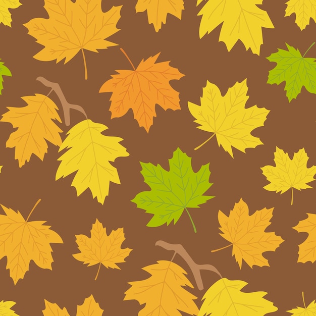 Seamless cute pattern with autumn maple and oak leaves on brown background