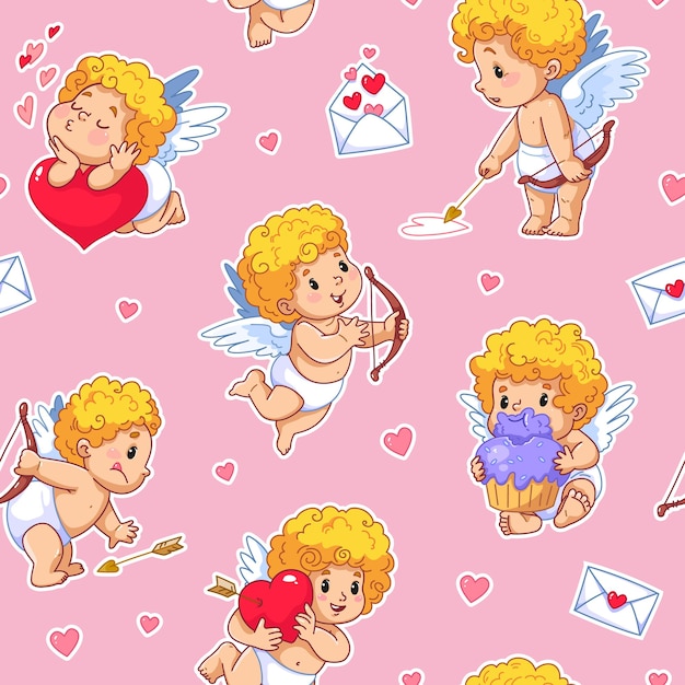 Seamless cute pattern with cupids and angels on a pink background valentine card with bow and arrows