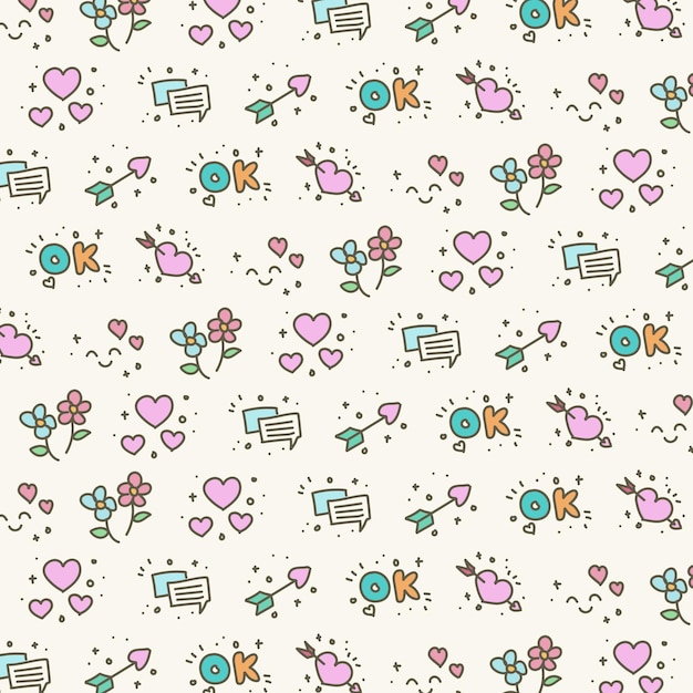 Seamless cute pattern with hearts flowers arrows and other elements