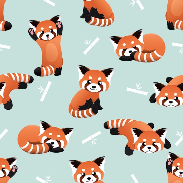 Seamless cute red panda and bamboo vector pattern background