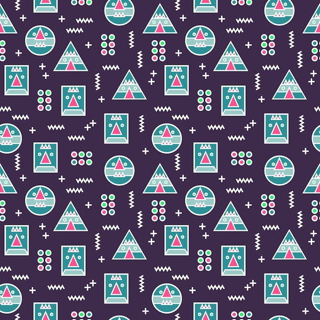 Seamless cute robot face geometric memphis trendy pattern