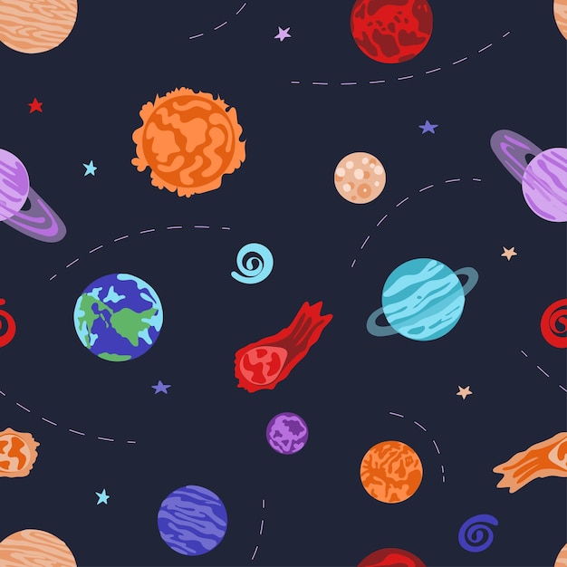 Seamless cute space pattern Planets metheorites nebulas and stars Cosmic childish background Hand drawn universe