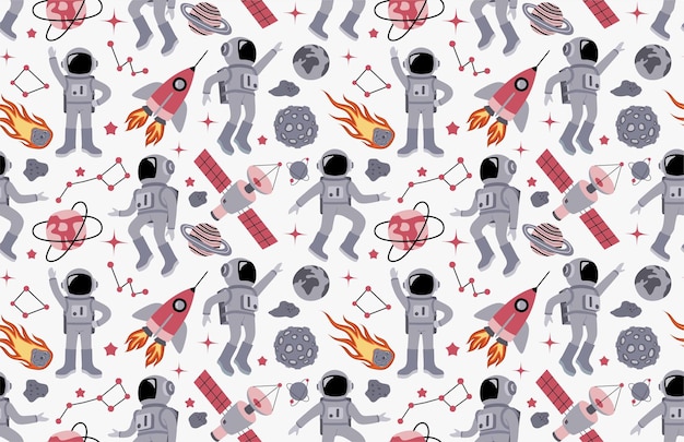 Vector seamless cute space pattern with astronauts.