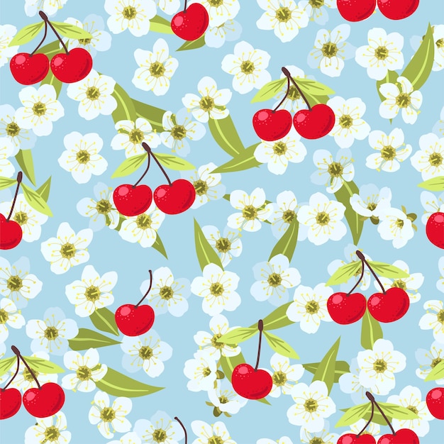 Vector seamless cute summer cherry pattern with summer berries fruits leaves white flowers background