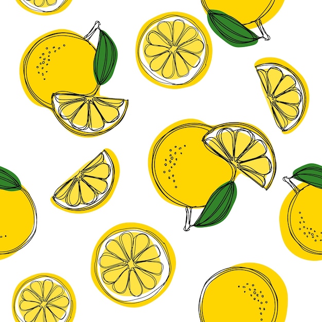 Seamless decorative background with yellow lemons lemon hand draw pattern