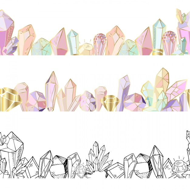 Seamless decorative borders, crystals and gems