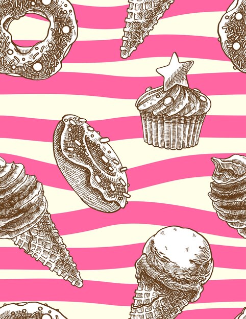 Vector seamless decorative pattern with ice cream cones, muffins and donuts in hand drawn style.