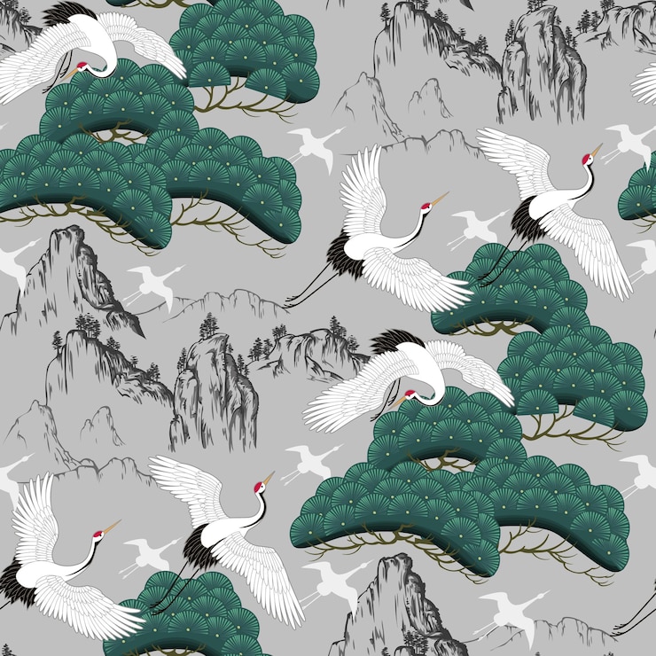 Seamless decorative pattern with japanese cranes