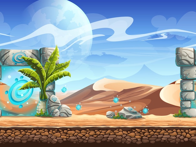 Seamless desert with palms and a magical portal.