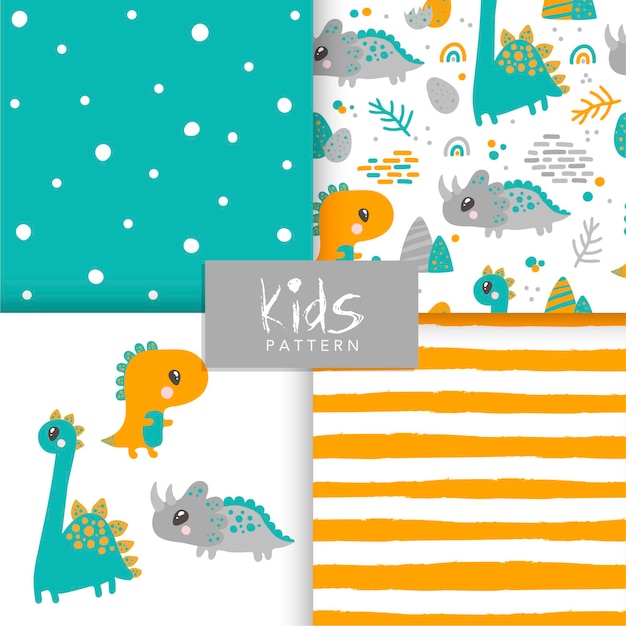 Seamless dinosaur animal pattern set. cute childish seamless pattern in cartoon style.