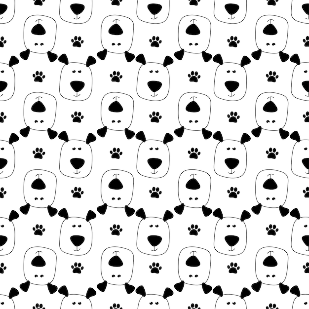 Vector seamless dog pattern with funny doodle hand drawn dog and paw doodle vector illustration pattern for kids print fabric postcards