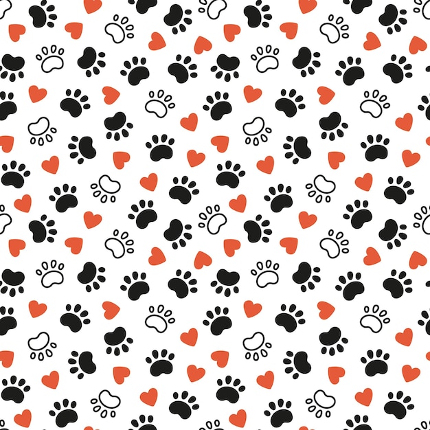 Vector seamless dog pattern with paw prints and red hearts cat foot texture pattern with doggy pawprint and hearts dog texture hand drawn vector illustration in doodle style on white background