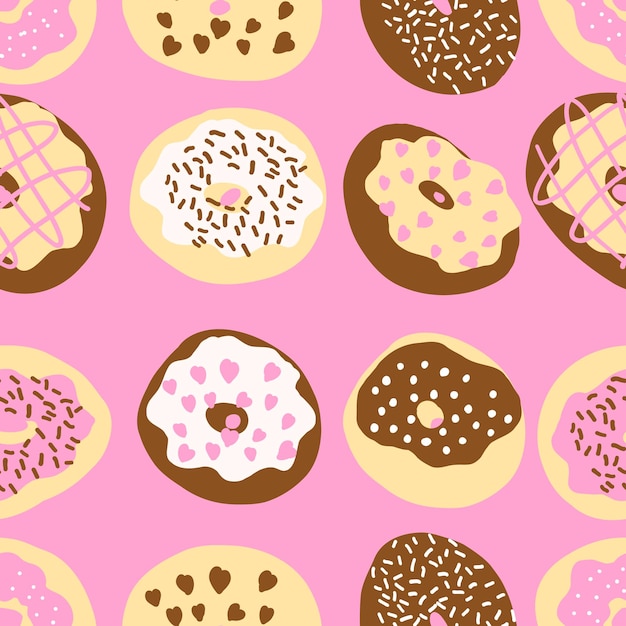 Seamless donuts pattern in cartoon flat style