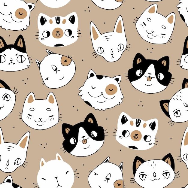 Seamless doodle cartoon cats faces seamless pattern on a beige background