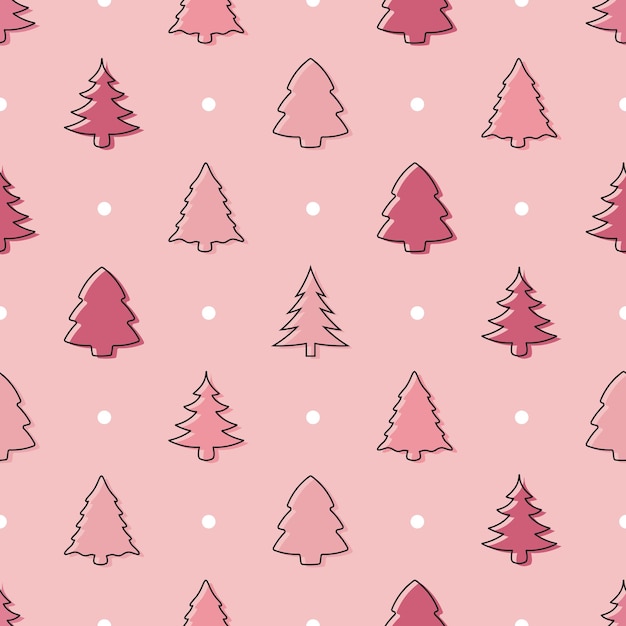 Seamless doodle christmas tree pattern in pastel pink