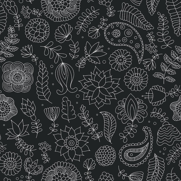 Seamless doodle flowers black and white pattern