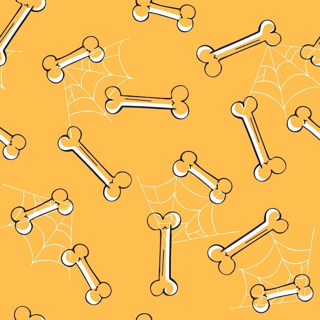 Seamless doodle Halloween pattern with bones on yellow