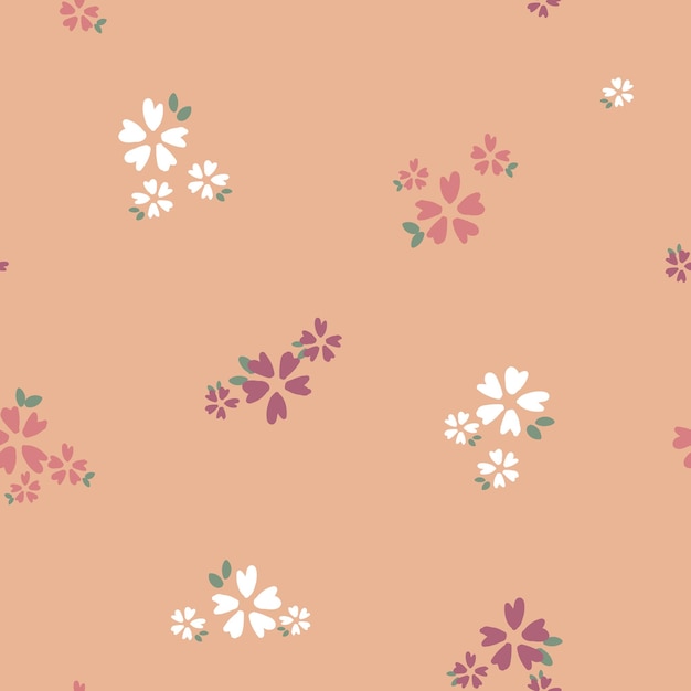 Seamless doodle hand drawn flower with leaf repeat pattern in pink background