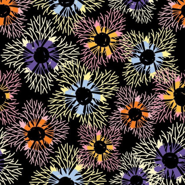 Vector seamless doodle hand drawn flowers on black pattern background greeting card or fabric