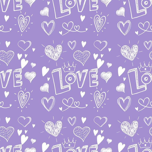 Seamless doodle heart and love word pattern