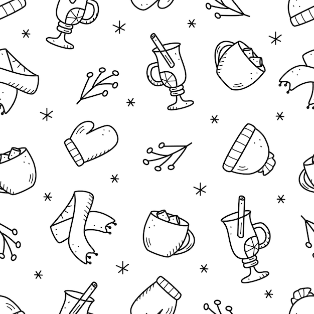 Seamless doodle pattern elements of christmas elements hot chocolate, mulled wine, winter warm clothes, scarf and hat, mittens.