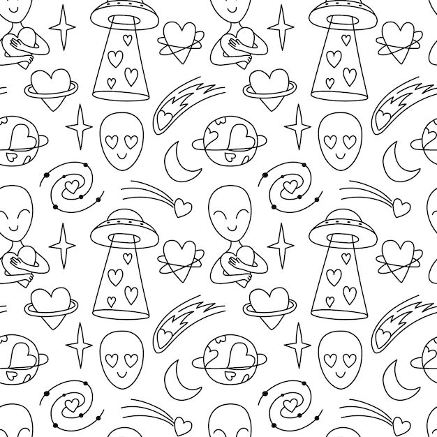 Seamless doodle pattern with alien UFO space Background with drawings of planet starheart love