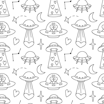 Vetor de Cosmic background. UFO, alien in love seamless pattern in doodle  style. Children's contour illustrations with Flying Saucers. Print sample  for fabric, wallpaper do Stock