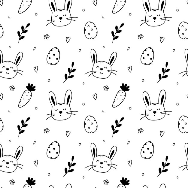 Vector seamless doodle pattern with cute bunnies festive easter eggs carrots spring twigs and flowers