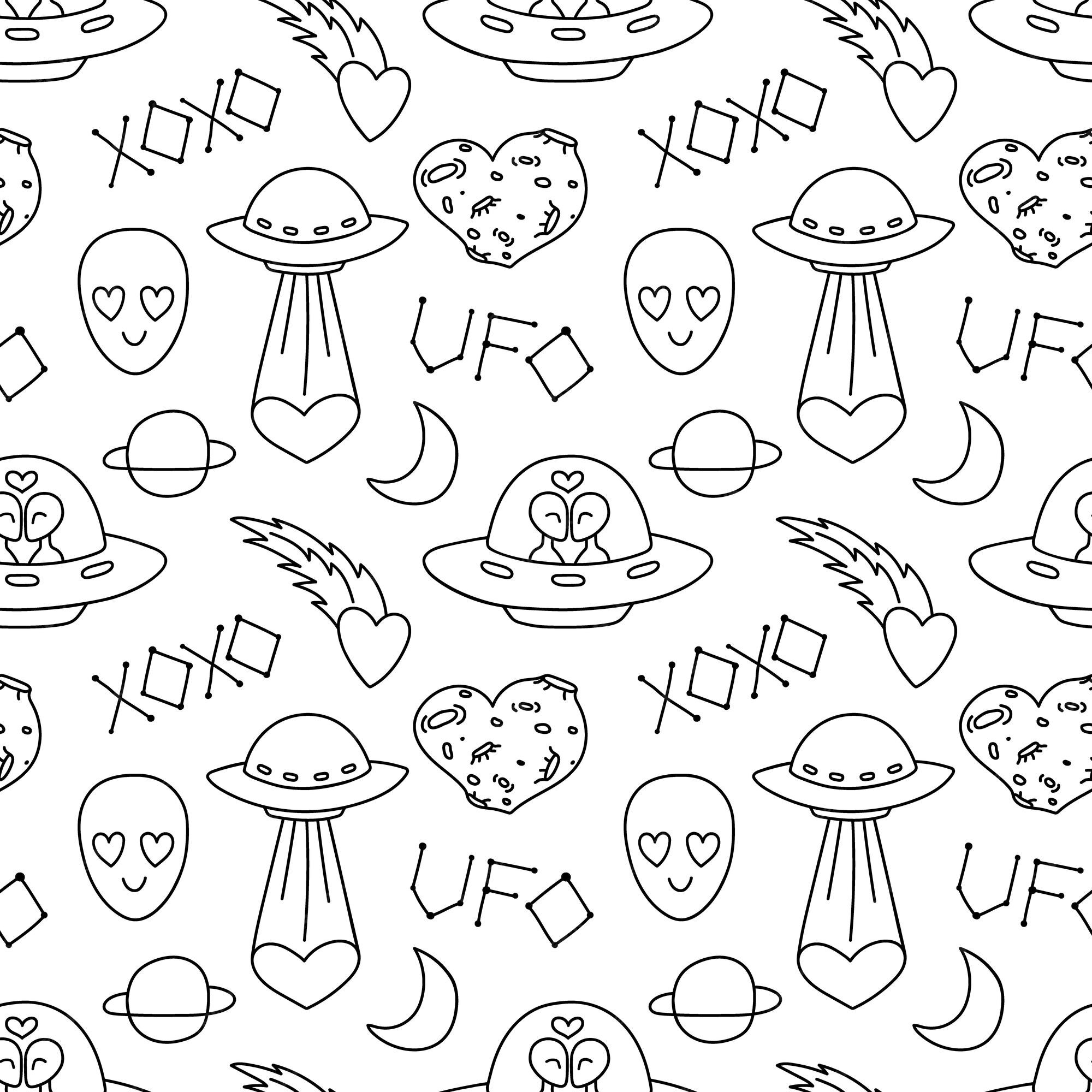 Vetor de Cosmic background. UFO, alien in love seamless pattern in doodle  style. Children's contour illustrations with Flying Saucers. Print sample  for fabric, wallpaper do Stock