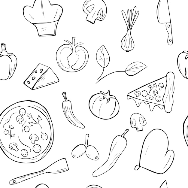 Reticolo senza giunte di doodle con elementi di pizza. illustrazione vettoriale disegnata a mano