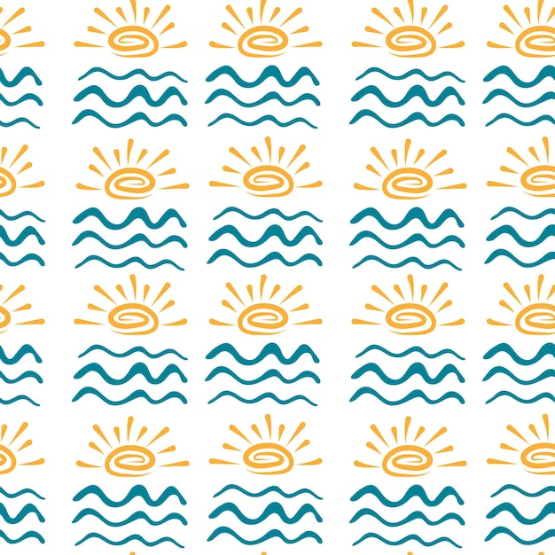 Seamless doodle Summer Pattern Geometric abstract Background with hand Drawn Sea waves and sunshine Summer holiday concept