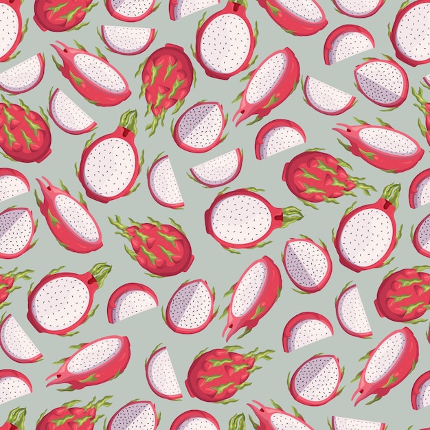 Seamless Dragon Fruit Pattern Repeated Design Of Ripe Juicy Pitahaya Fruit On Colored Background Motif For Fabric