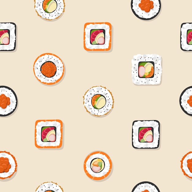 Seamless drawing of Japanese Asian food A set of different rolls Vector