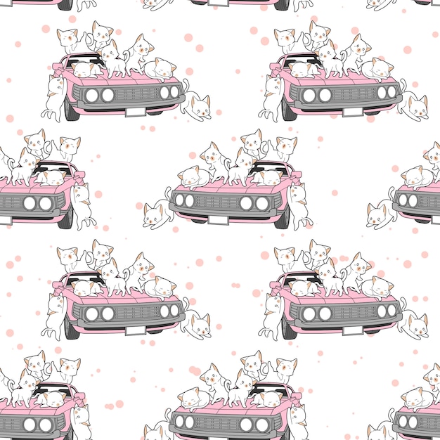 Seamless drawn kawaii cats and pink car pattern.