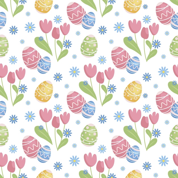 Vector seamless easter background happy easter vector illustration concept with painted eggs and flowers