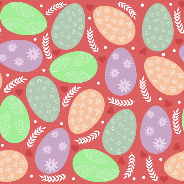 Seamless easter background with easter eggs, sprig of leaves and hearts on cherry background